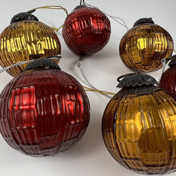Vtg Kugel Style Thick Mercury Glass Scarlet Red &‎ Amber Ball Ornaments Set/6 - Picture 2 of 12